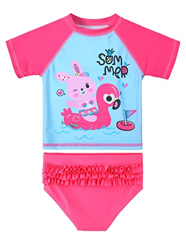 XFGIRLS Maillot de Bain Deux pièces Slip Anti-Ultraviolet à Manches Courtes pour Fille de 3 Mois à 4 Ans (2-3 Ans, HotPinkLapin) Cover
