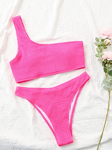 YIMISAN Womens Bikini Sets One Shoulder Top with Low Waisted Tankini Two Piece Bathing Suit Hot Pink