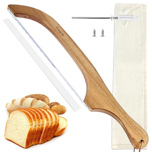 Fidqiog Slicer for Homemade Bread, Premium Wooden Bread Knife, 15.7″ Sourdough Slicer, Sourdough Cutter for Bagels Baguettes, Organizer Bag & Screwdrive