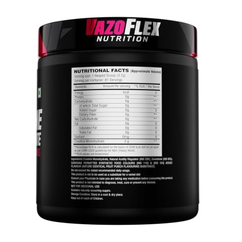 Image of VAZOFLEX Nutrition Creatine Monohydrate Powder | 3g Micronized Creatine Monohydrate Per Serving | Instantized Mixing | Fruit Punch Flavour | 81 Servings | 300g