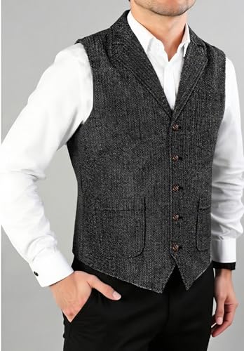 Men's Tweed Suit Vest Retro V Neck Wool Herringbone Waistcoat for Wedding Prom2
