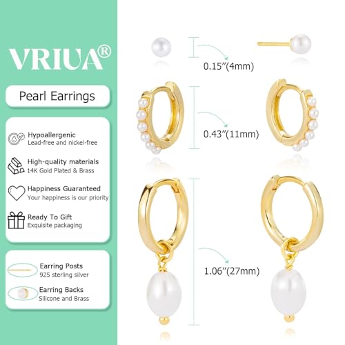 VRIUA 3 Pairs Gold Earrings Set - 14K Gold Plated Stacks Earring Bow Pearl Butterfly Heart Clover Star Moon Diamond Starburst Huggie Hoop Earrings for Women Trendy Jewelry4