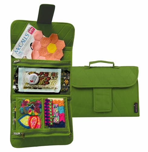 Image of Yazzii Trifold Craft Project Case - Sewing and Craft Supplies Storage Tote, Travel Organizer Bag with Clear Pockets and Handle for Knitting, Crochet, Sewing Accessories - Green