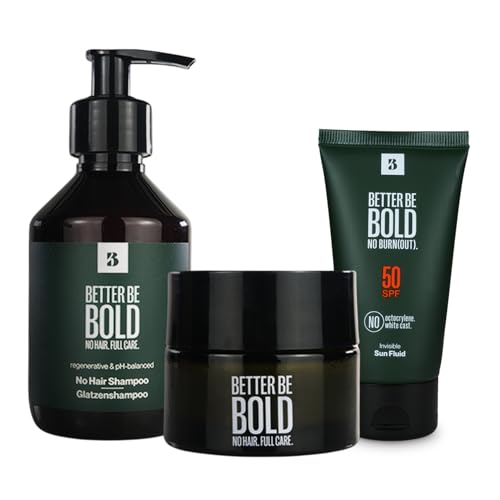 BETTER BE BOLD „Bestseller Glatzenpflege-Routine (0-3mm) | Mattierende Glatzencreme (0-3mm) + Pflegendes Glatzenshampoo (0-6mm) + Invisible Sun Fluid LSF 50