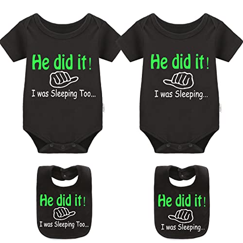 Image of YSCULBUTOL Baby Twins Bodysuits He/She Did It Twin Outfit Girl Romper With Hat Set（Black2 did 12M）