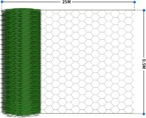Sechskantgeflecht 25m - 50cm hoch - Gartenzaun Maschendraht - Maschenweite 25mm Drahtgitter Zaun - PVC-beschichtetes Grün Kaninchendraht Hühnerdraht Kleintier Volierendraht Tiergehege für Gartenzaun
