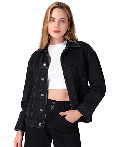 roswear Women’s Denim Jackets Oversized Button Long Sleeve Washed Jean Trucker Jacket with Pockets