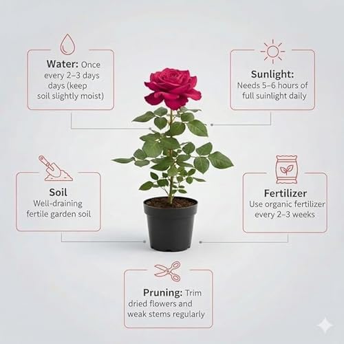 Image of Original Dark Pink Rose Live Plant with Black Pot Fragrant Flowering Shrub | All Season Outdoor Plant for Home Garden Balcony Terrace | Decorative Gift Rose Plant Pack of 1