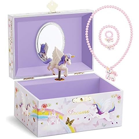 RR ROUND RICH DESIGN Kids Musical Jewelry Box for Girls and Jewelry Set with Brave Unicorn - Beautiful Dream Tune Purple Cover