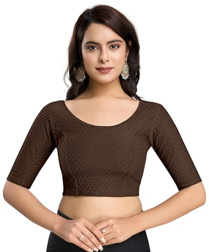 Image of TRENDMALLS Women's Dobby Pure Cotton Elastin Stretchable Readymade Round Neck Elbow Length Sleeves Blouse Choli Stylish Saree Blouse Ready to Wear