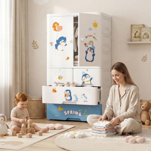 Image of StarAndDaisy Kids Wardrobe /Multifunctional Collapsible Plastic Wardrobe /Almirah for Kids- Storage Cabinet - Dustproof Baby /Wardrobe Organizer for Clothes, Toys -Little Penguin
