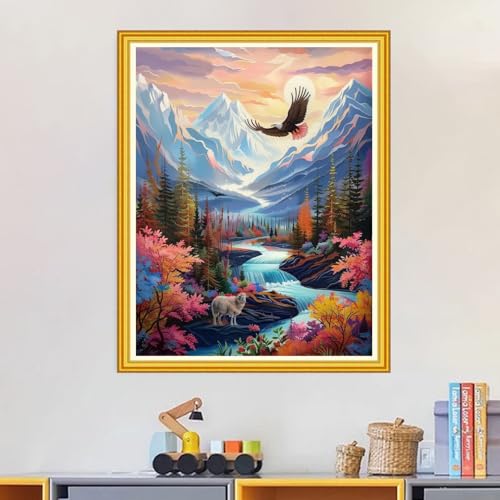 Image of Magxvouy Cross Stitch Kits Stamped Full Range of Embroidery Kits,Cross Stitch Patterns Needlework Kits for Beginners 11CT Printed Kits&Eagle Landscape 16x20 inch