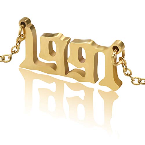Personalized Birth year necklace Birthday Gift for Women and Girl Old English Arabic Mumerals Gold Plated Necklace