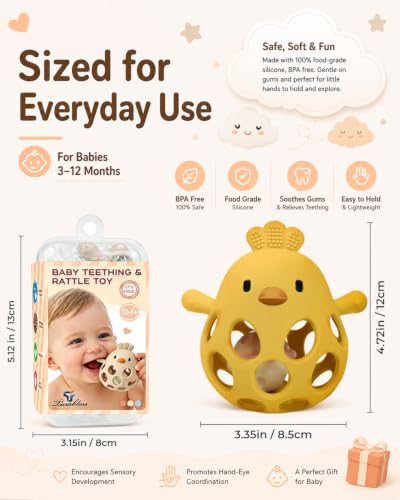 Image of Tinabless 2-in-1 Baby Teether Rattle Toy, Easy Grip Silicone Teething Toy for Babies 3-12 Months, BPA-Free Sensory Chew Toy for Sore Gums, Infant Shower Gift (Yellow w /Rattle)