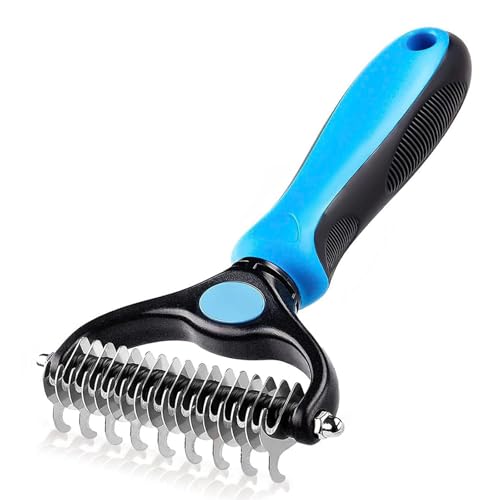Cat & Dog Brush - Double Sided Undercoat Rake - Grooming and Deshedding Tool for Dogs and Cats with Medium or Long Hair