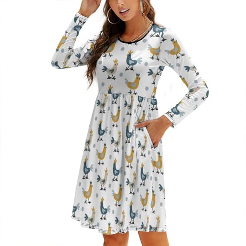Vestidos de otoño para mujer 2024 – Farm Roosters de manga larga fluida Midi Vestidos casuales para mujer, Negro -, XXL