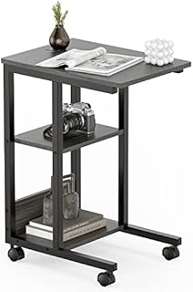 Sunon C-Shaped End Table with Brake Casters, Mobile Sofa Table Side Table with 2 Tier Storage Shelves, Laptop Stand Little Coffee Table on Wheels, Grey, One Size, 114240180