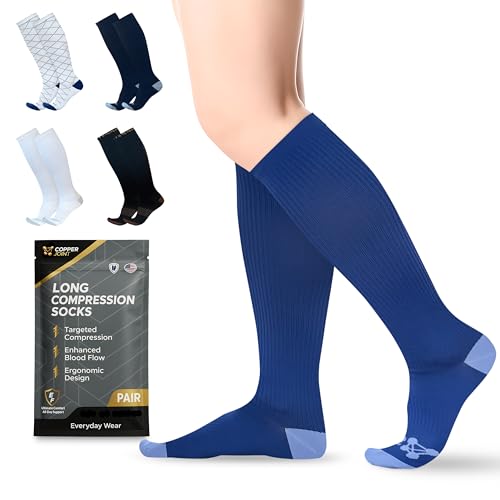 CopperJoint Knee High Compression Socks for Women and Men, Graduated Long Compression Socks for All-Day Standing, Sports & Travel, 15-20 mmHg Leg Support for Daily Wear - 1 Pair, Blue, Large