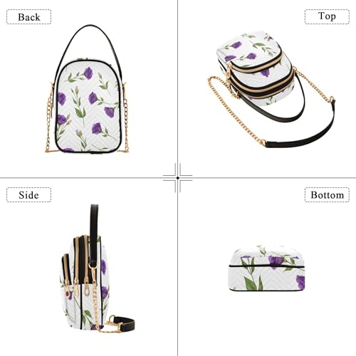Single Shoulder Purse Women Purple Floral White Quilted Chain Wallet Cell Phone Purse Cute Zipper Crossbody Bowler Bag, 5.9" × 8.3" × 3.1"4