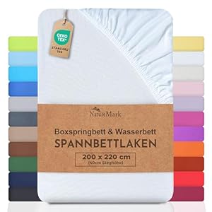 NatureMark Basic Boxspringbett & Wasserbett Spannbettlaken 200 x 220 cm - 40 cm Steghöhe - 200x220cm Spannbetttuch - 100% Baumwolle, Weiss