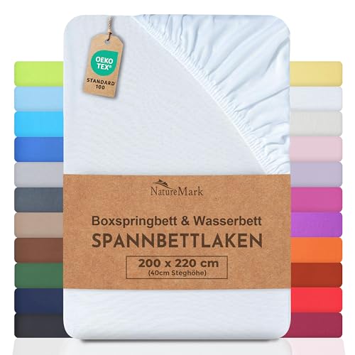NatureMark Basic Boxspringbett & Wasserbett Spannbettlaken 200 x 220 cm - 40 cm Steghöhe - 200x220cm Spannbetttuch - 100% Baumwolle, Weiss