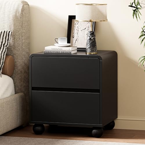 Image of Furniway Black Nightstand Set of 2, Modern 2 Drawer Bedside Table with Curved Profile Design and Handle-Free Drawers, Modern End Table with Storage for Bedroom