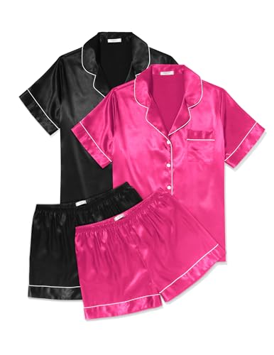 Ekouaer 2 Pack Womens Pajama Sets Summer Pjs Satin Sleepwear Short Sleeve Button Down Pjs Top and Shorts Sleep Set Black+Rose,X-Large