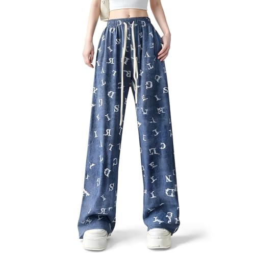 SANNIDHI Ice Silk Wide-Leg Trousers, Letter Print, One Size, Blue