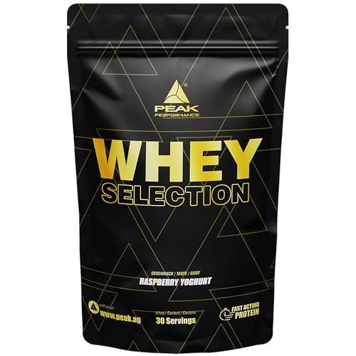 PEAK Whey Selection - 900g Geschmack Raspberry Yoghurt I 30 Portionen I für Muskelaufbau I Proteinquelle: Whey Konzentrat, Isolat, Hydrolysat + freies L-Leucin I mit Laktase
