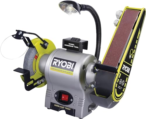 Ryobi RBGL250G, Smerigliatrice e Levigatrice da Banco 250W, Misure 50 x 686mm, Diametro Lama 150mm, Luce e Vassoio di Raffreddamento Integrato