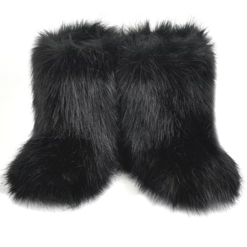 Image of Fashion Fur Boots,Flat Heel Comfy Plush Warm Snow Booties,2025 Winter Outdoors Furry Boots,Mid-Calf Faux fur Boot for Women.