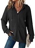 Dokotoo Hoodies for Women Casual Full Zip Up Hoodie Sweatshirt Black Early Fall Clothes Solid Color Waffle Knit Long Sleeve Hooded Sweatshirts Pockets Jacket Coat for Women Girls 2026 Fashion Medium
