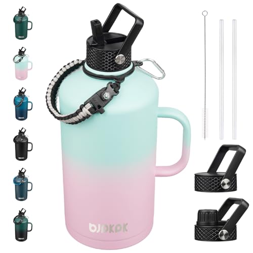 Image of BJPKPK 1 Gallon Water Bottle Insulated with Straw Lid, 128oz Large, Stainless Steel Water Bottles with 3 Lids and Paracord Strap, Double Wall Vacuum Metal Water Jug,Marshmallow