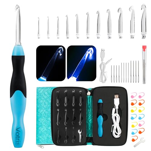 Votris Light Up Crochet Hook Set - 11 in 1 Lighted Crochet Hook Set for Beginners, Ergonomic Soft Grip, Rechargeable Light, Interchangeable Heads - Ideal Crochet Hooks Kit, Gift