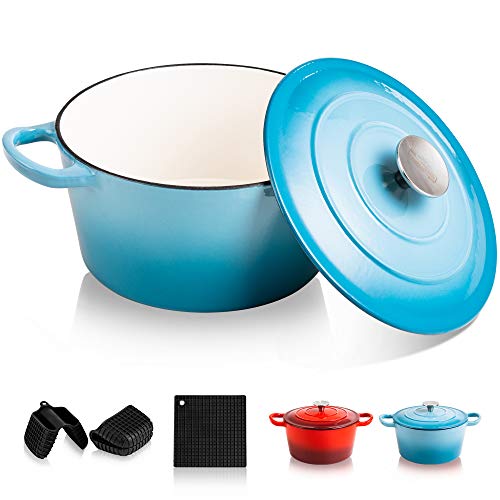 MICHELANGELO Enameled Cast Iron Dutch Oven, 4 Quart Dutch Oven Cast Iron With Silicone Handles And Mat, Blue Cast Iron Dutch Oven with Lid For Cooking, Basting, Or Baking