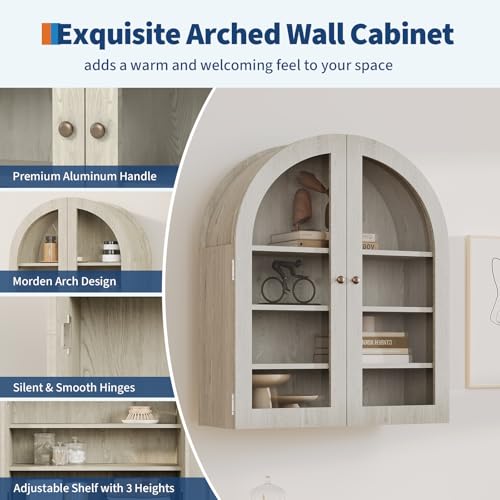 GarveeHome Small Arched Wall Cabinet with Acrylic Doors & Adjustable Shelves, Modern Natural Wood Wall-Mounted Storage Cabinet for Kitchen, Bathroom, Laundry Room, Compact & Space-Saving- Gray