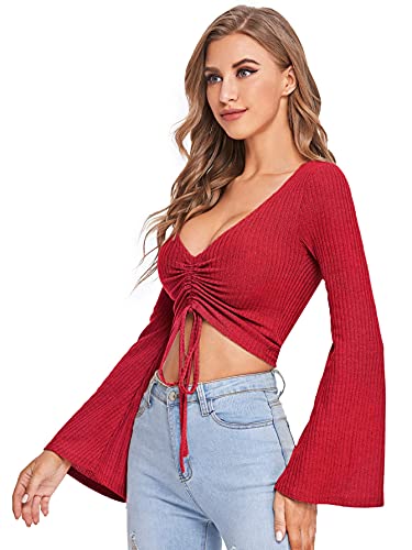 Image of SweatyRocks Women's Adjustable Drawstring String Long Bell Sleeve Rib Knit Sexy Crop Top