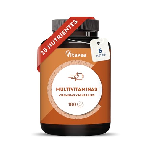 Multivitaminas y Minerales – 25 Nutrientes con Vitaminas A, B, C, D, E, Zinc y Hierro – 180 Comprimidos – Energía, Defensas, Piel y Cabello – Multivitaminas Hombre y Mujer – Vitavea