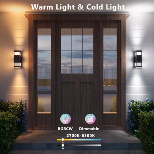 Image of rosykite Smart Outdoor Sconce Lights 2 Pack, Up Down Wall Porch Lights RGB Color Changing WiFi APP Control, Dimmable LED Exterior Wall Lighting Fixtures Work with Alexa,No Hub Required,ETL Listed