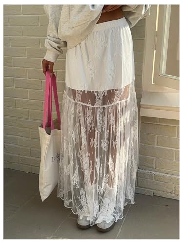 Floerns Women's Summer Maxi Skirt Elastic Waist Floral Lace Beach Flare Hem Y2k Long Skirt2
