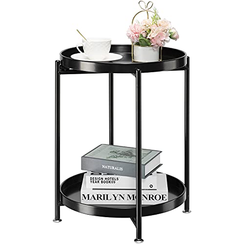 Image of danpinera 2-Tier Round Side Table, Metal End Table with Removable Tray, Small Outdoor Table Folding Accent Table, Anti-Rust Black Nightstand for Bedroom Balcony Patio (Black)