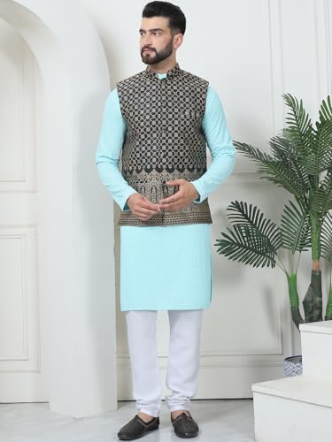 Image of SOJANYA (Since 1958 Men's Cotton Linen Maroon Kurta and White Pyjama with Mustard Cotton Nehru Jacket