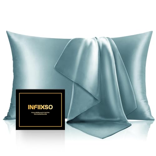Image of INFIIXSO Silk Pillow Cases 2 Pack Standard Size, Ultra Smooth & Soft Mulberry Silk Pillow Case for Hair and Skin, Breathable Cooling Silk Pillowcase with Hidden Zipper (Haze Blue, 20x26 Inches)