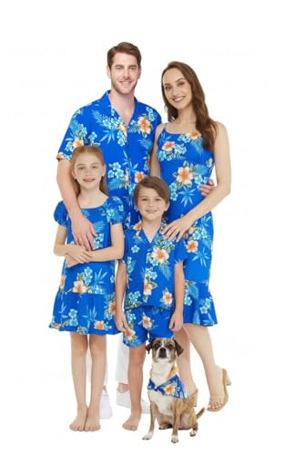 Image of Matchable Family Hawaiian Luau Men Women Girl Boy Clothes in Hibiscus Blue