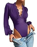  nicticsi Bodys Femme Blouse Shirt à Manches Longues Col en V avec Dentelle Sexy Body Elegant Tops T-Shirt Bodysuit Soirée Cocktail Club Chemisier Violet L