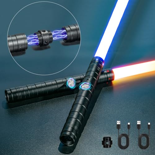 Lightsaber Double-Bladed Lightsaber 2 Pack Metal Hilt Dueling Saber for Adults Rechargeable RGB Combat Light Saber with Sound Effects Type-C 2-in-1 Connected Glow Swords for Cosplay Halloween Party