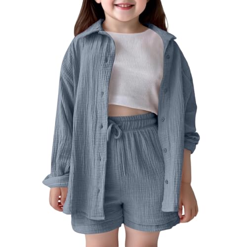 Girls Outfits Set Casual Summer Fall Outfit Shirt Shorts Set for Kids Toddler Girls Comfortable Pure Color Loose Fit Daily Wear School Playground (Navy, 11-12 Years)