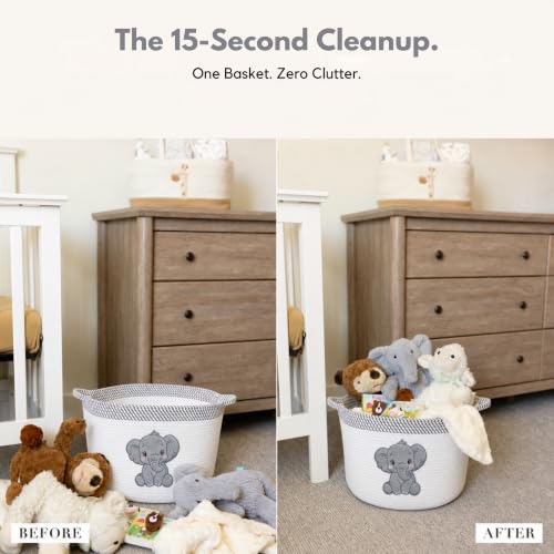 Image of Elephant Baby Storage Basket, Woven Cotton Rope Nursery Bin, 15x11 in | Stuffed Animal and Blanket Storage, Soft Felt Elephant Patch, Neutral Baby Room Decor, Baby Shower, Kids Playroom Organizer