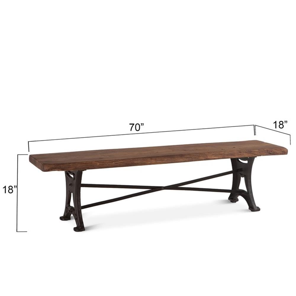 Blayne Acacia Wood Dining Bench with Live Edge and Cast Iron Legs, Rustic Wooden Bench for Kitchen Table, Brown, 70 Inch