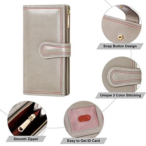 CILLA Womens Leather Wallet Large Capacity Bifold Ladies Zipper Clutch Credit Card Holder With Coin Pouch Oil Wax Design(Grey)4